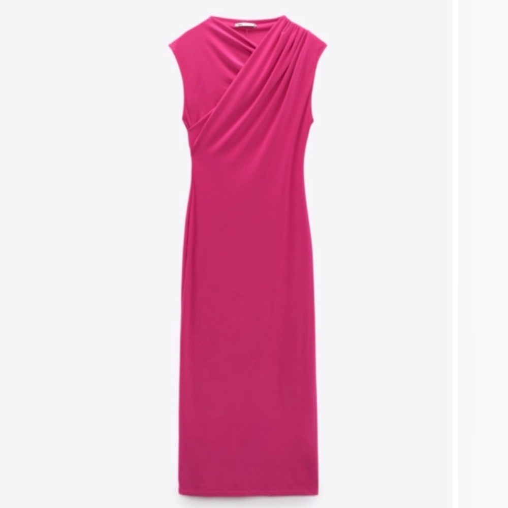 Zara Barbie Hot Pink Asymmetrical Draped Cross Neckline Midi Dress Stretchy S